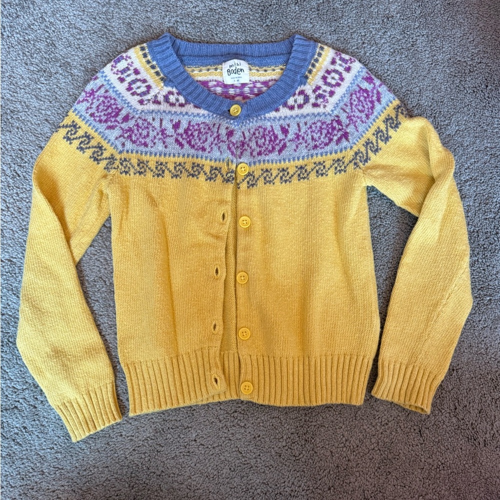 Mini Boden Yellow Cardigan with Purple Pattern